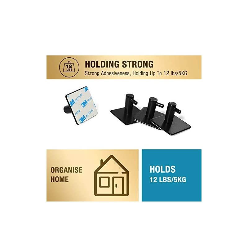 Adhesive Hooks,  [4 Pack] Heavy Duty Durable 304 Stainless Steel Wall Hangers, Waterproof Rustproof Oil Proof for Kitchen, Bathrooms, Doors, Office, Closet-Black