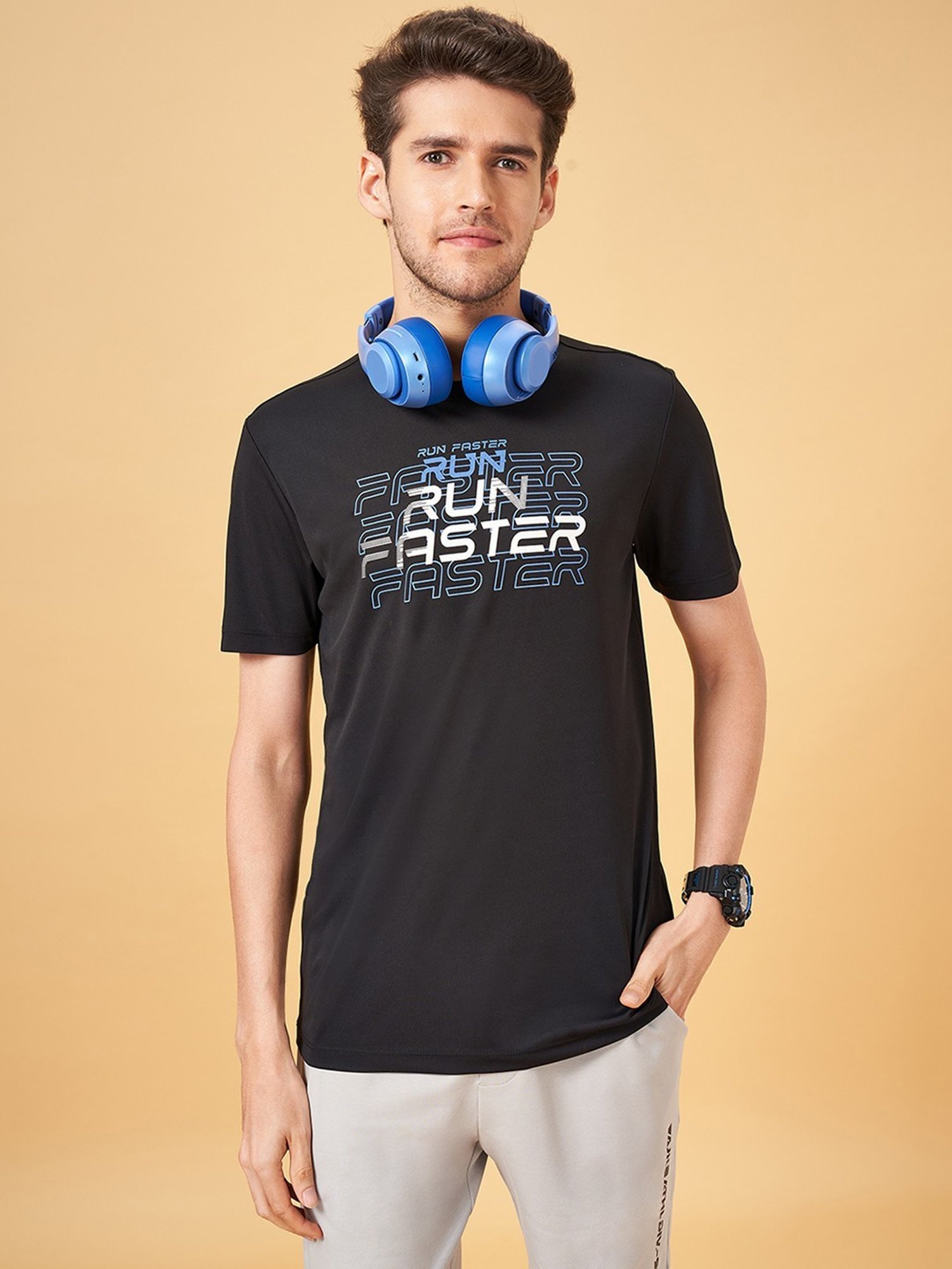 Ajile by Pantaloons Jet Black Slim Fit Printed Sports T-Shirt