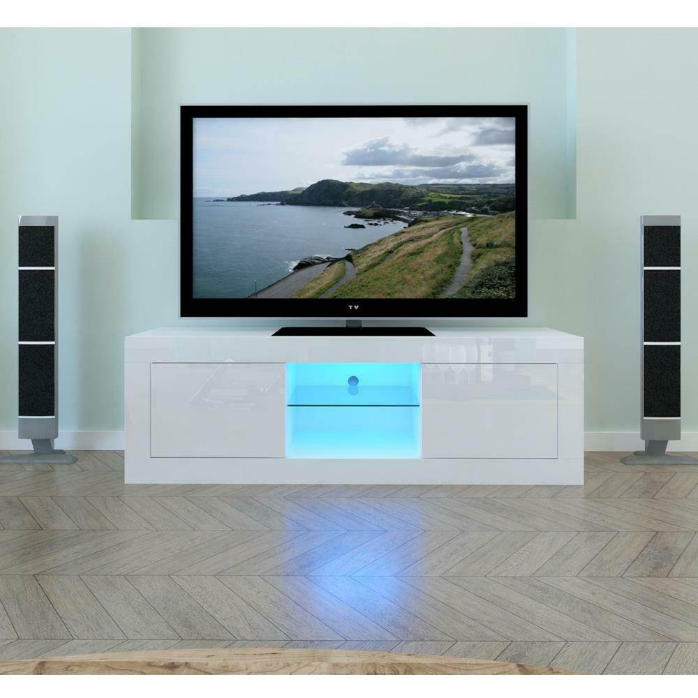 High Gloss TV Cabinet Stand Unit w/ LED Shelves White Entertainment Center