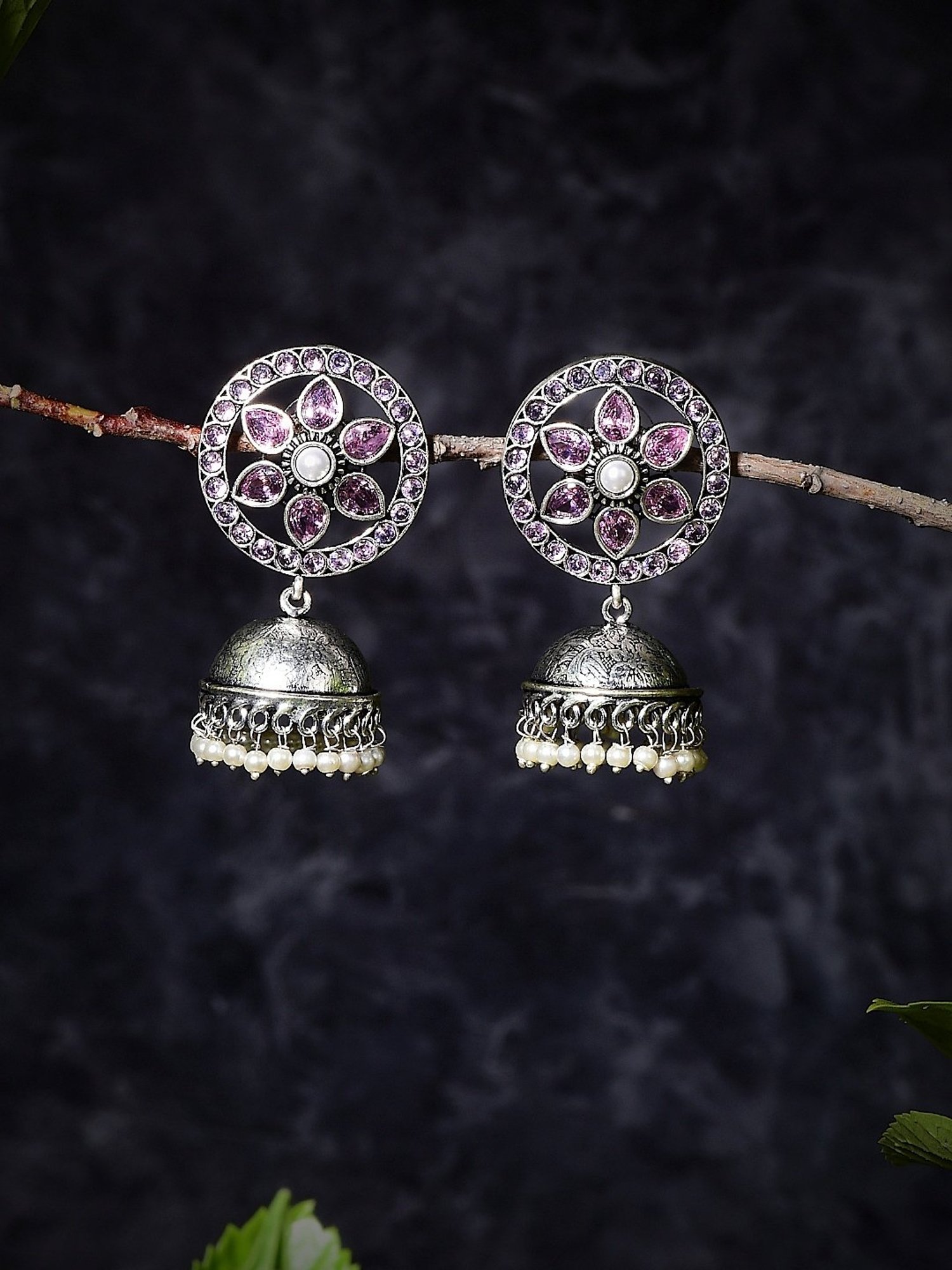 Imli Street Pink-White Silver Tone Stone-Studded Handcrafted Jhumki Earrings