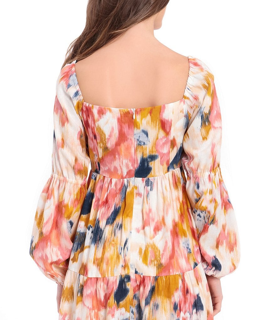 Donna Morgan Ikat Print Square Neck Tiered Midi Shift Dress