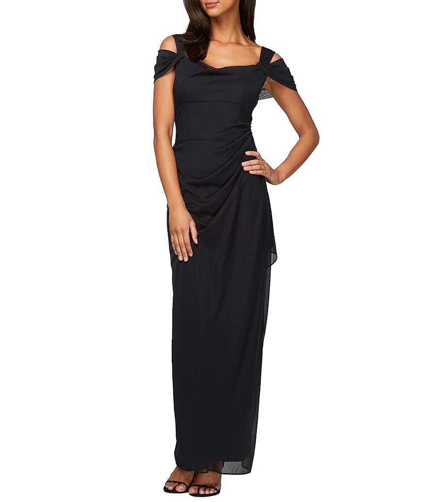 Alex Evenings Exposed-Shoulder Draped Cap-Sleeve Ruched Waterfall Hem Mesh Gown