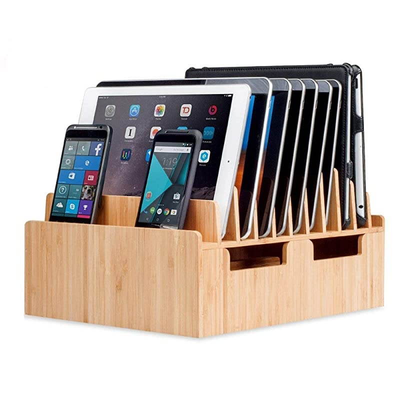 Bamboo 10Port Charging Station Docking Organizer for Smartphones Tablets FamilySized for use in Corporate Offices Classrooms