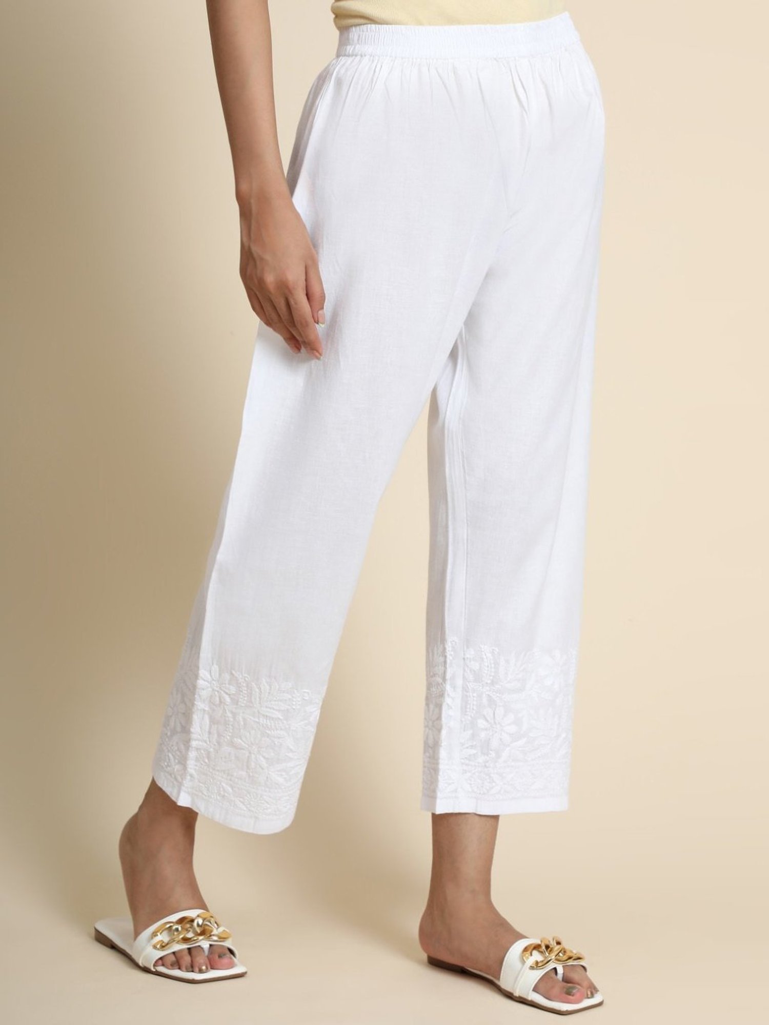 House Of Kari HOK Chikankari White Cotton Pant Trouser