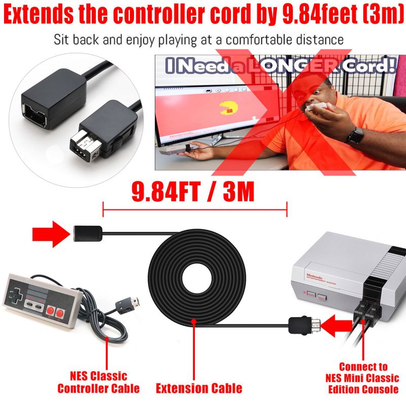 Nintendo NES Classic Mini Edition Carry Bag Gamepad Controller 2 PCS 3m Extension Cables