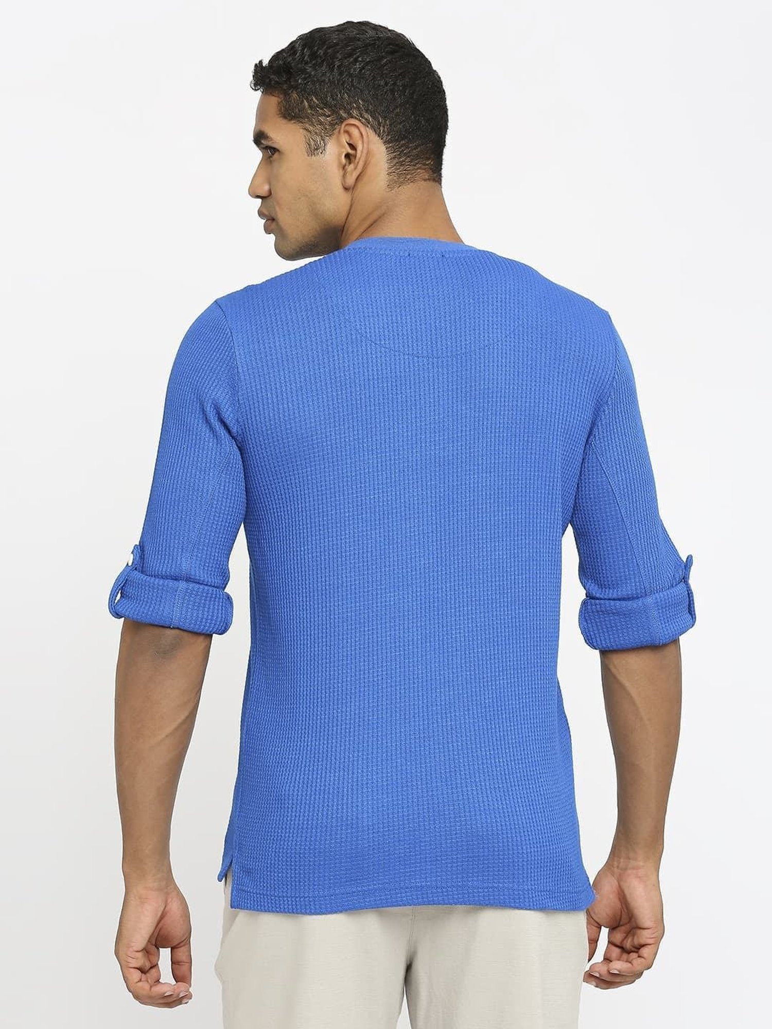 Basics Blue Cotton Muscle Fit Texture Henley T-Shirt