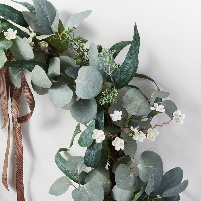 28" Artificial Eucalyptus Leaves and Flower Petal Wreath White - Threshold™ designed with Studio McGee