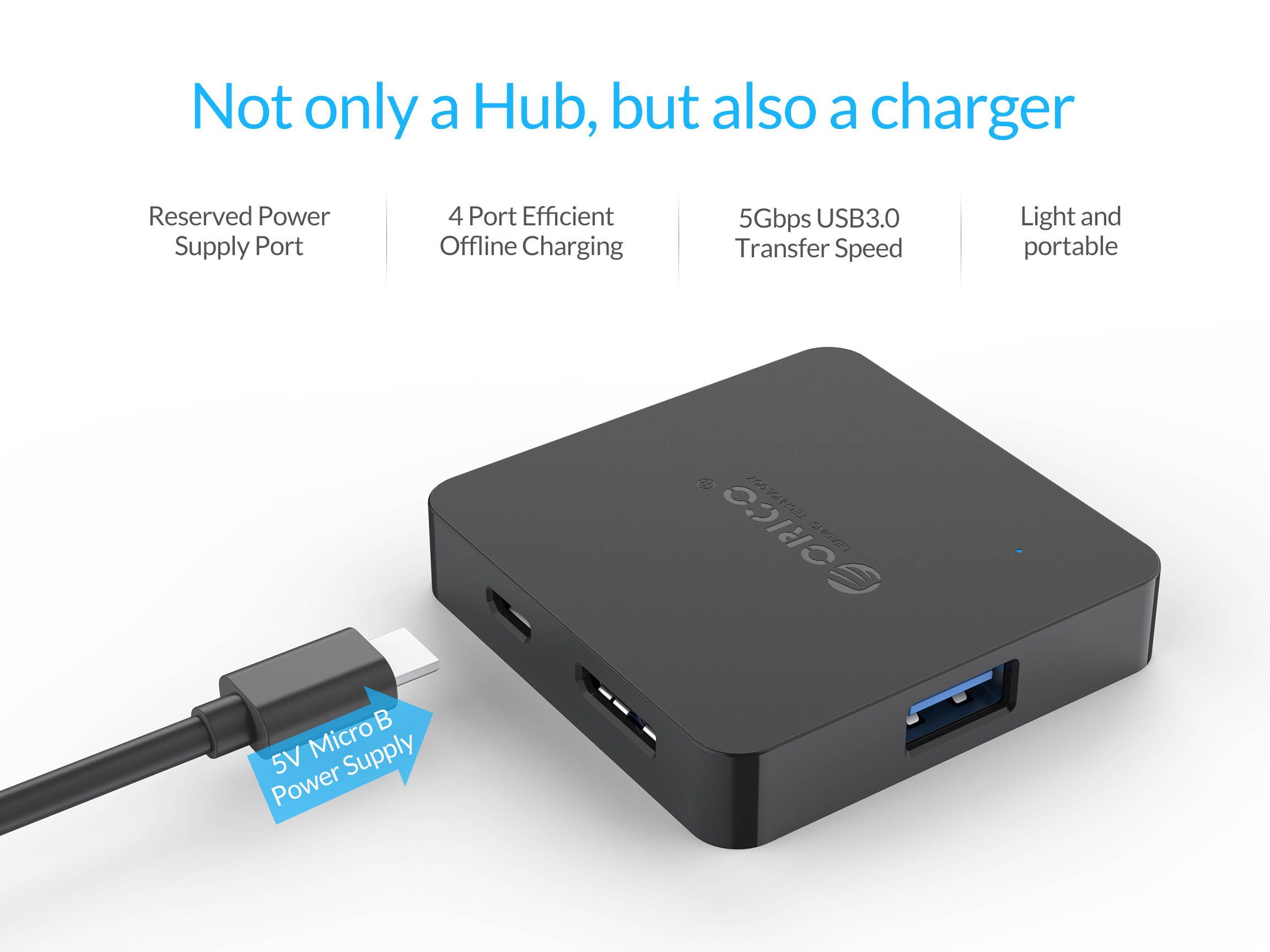 ORICO USB3.0 HUB Super Speed 5Gbps 4 Ports USB 3.0 Splitter Hub Portable OTG HUB with Micro B Power Port for Your Desktop,Laptop,PC,Phones,Tablet -Black  -Black