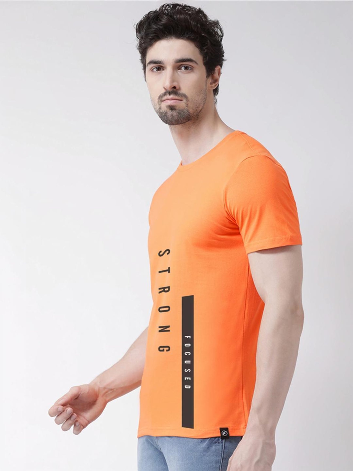 Friskers Orange Cotton Slim Fit Printed T-Shirt