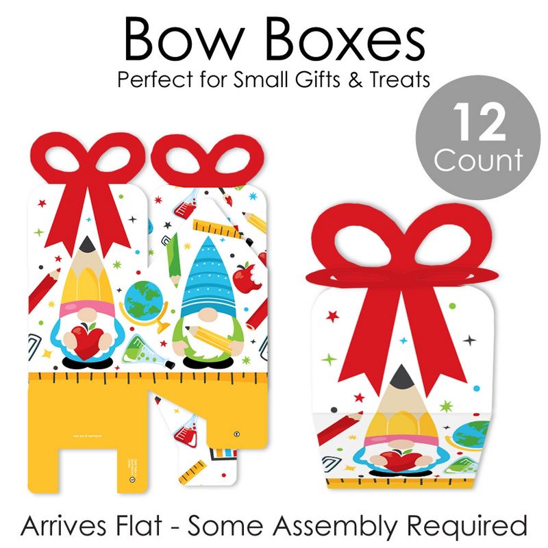 Big Dot of Happiness School Gnomes - Square Favor Gift Boxes - Teacher and Classroom Decorations Bow Boxes - Set of 12