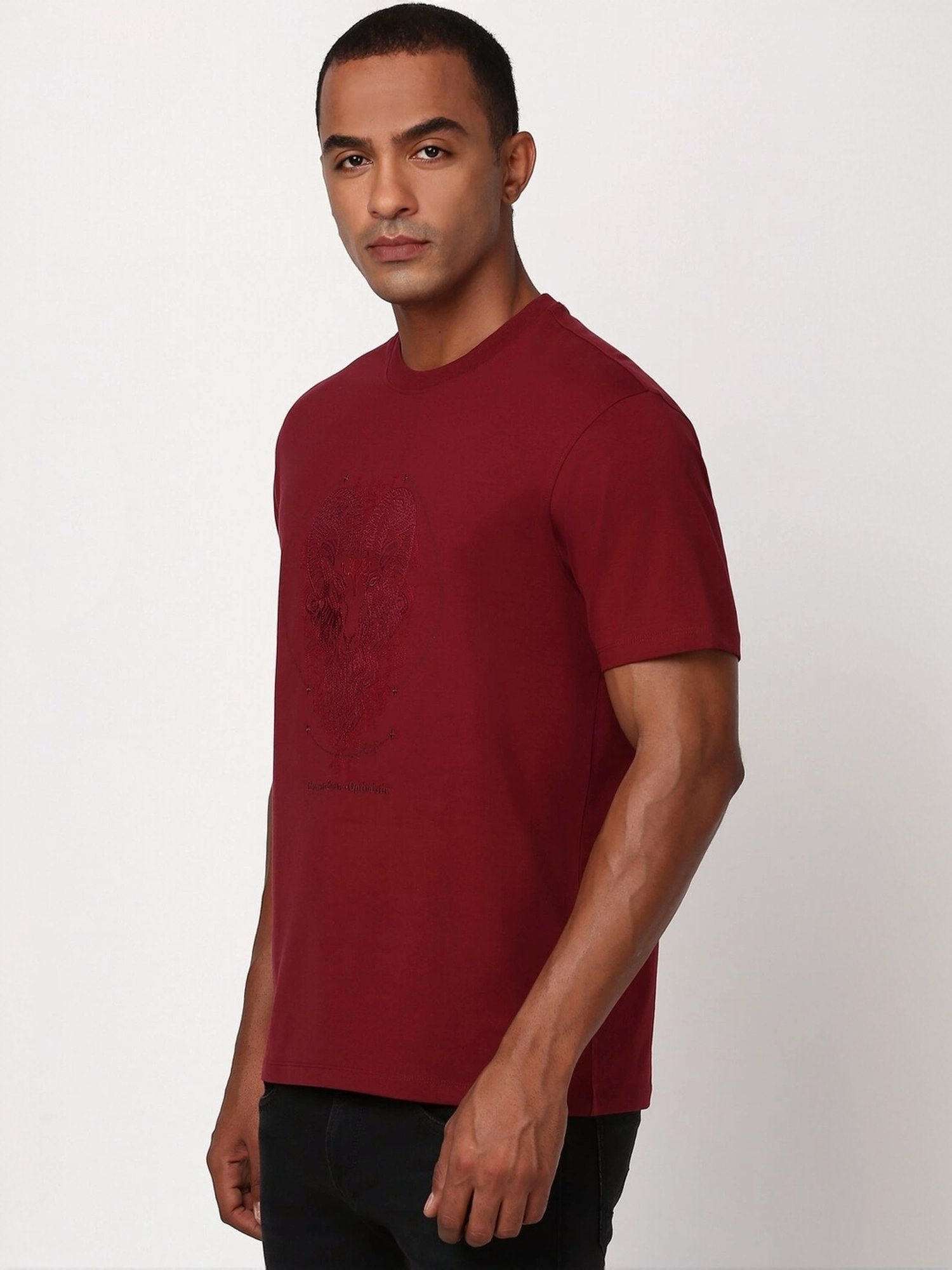 Peter England Maroon Cotton Regular Fit Embroidered T-Shirt