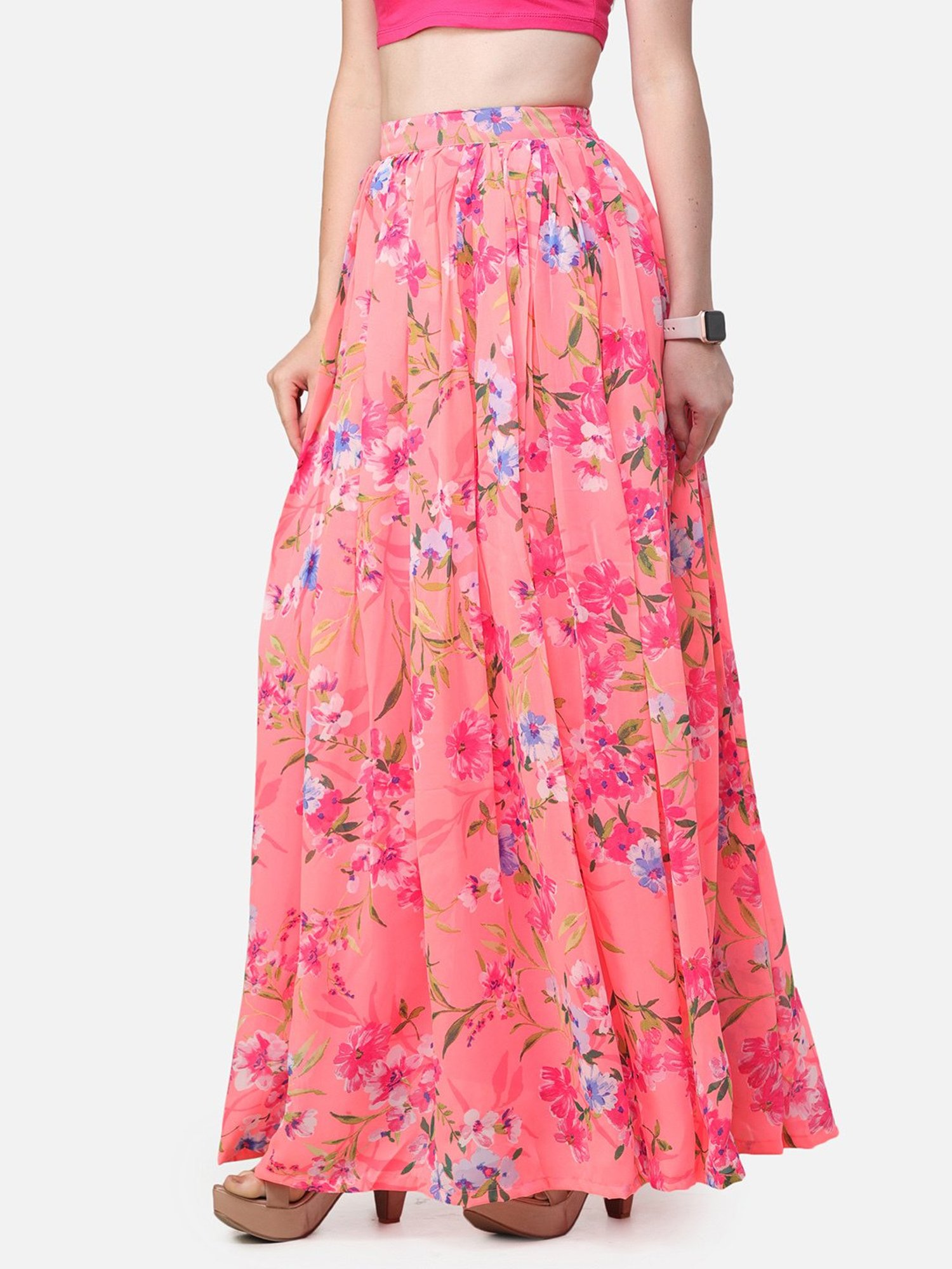 Scorpius Peach Georgette Floral Print Skirt