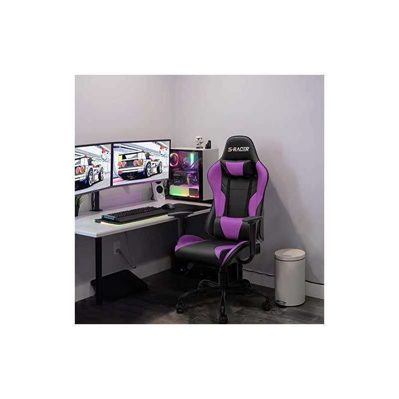 Gaming Office Chair Computer Chair High Back Racing Desk Chair PU Leather Adjustable Seat Height Swivel Chair Ergonomic Executive Chair with Headrest for Adults (Purple)