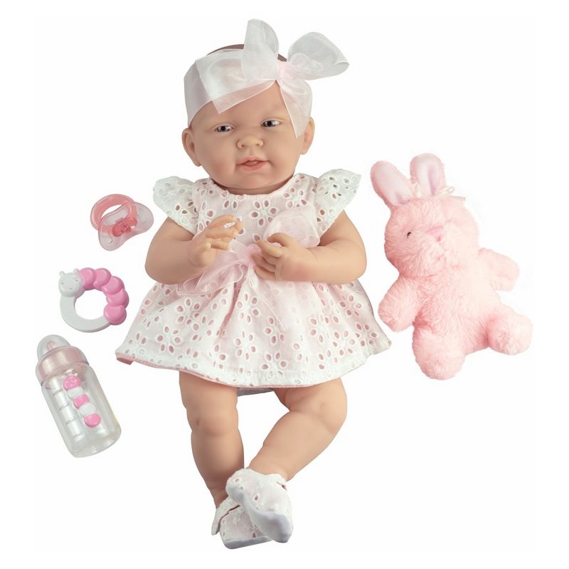 JC Toys La Newborn 15" Girl Doll - White Eyelet Dress with Bunny and Accessories