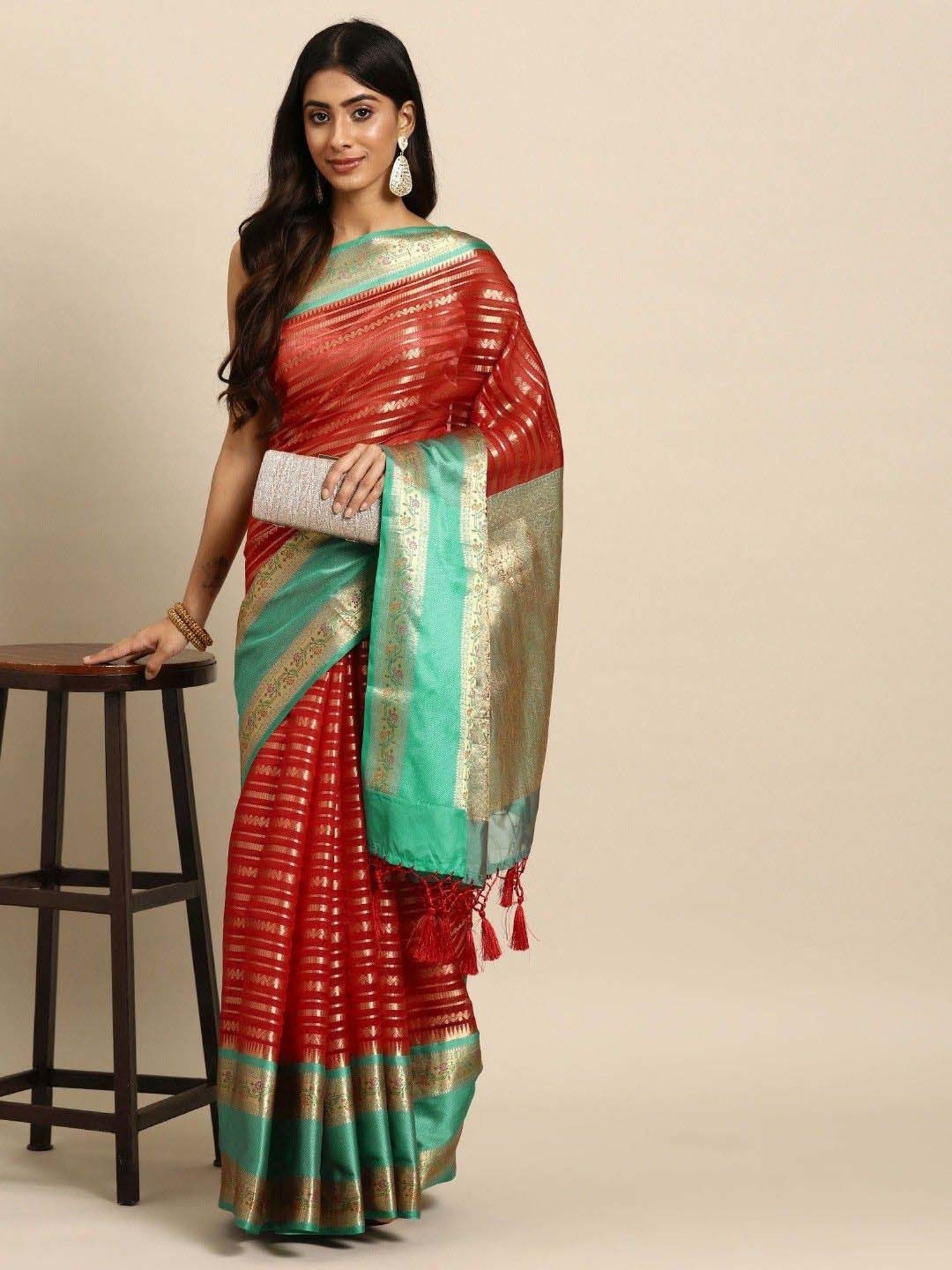 Silk Land Red & Green Woven Saree With Unstitched Blouse