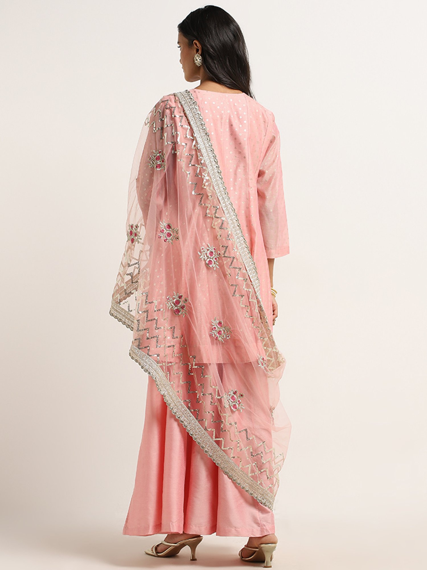 Vark by Westside Pink Printed A-Line Kurti, Palazzos and Dupatta Set