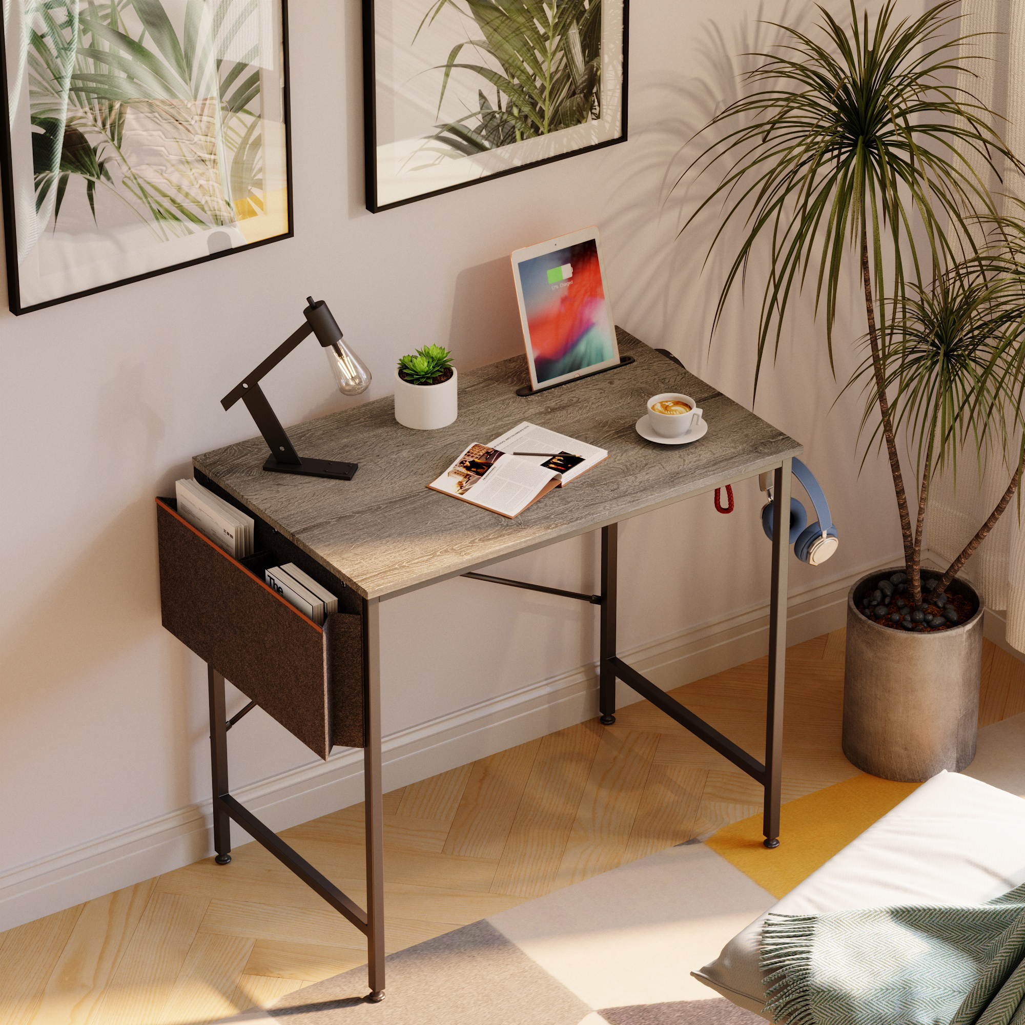 Bestier Computer Desk 47 Inch Office Desk Study Writing Desk, Simple Modern Style Laptop Table with Storage Bag & 3 Little Hook, Retro Gray Top