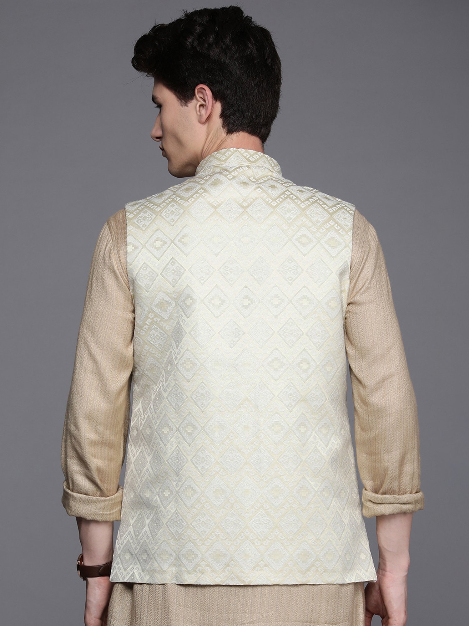 Manyavar Light Yellow Regular Fit Self Design Nehru Jacket