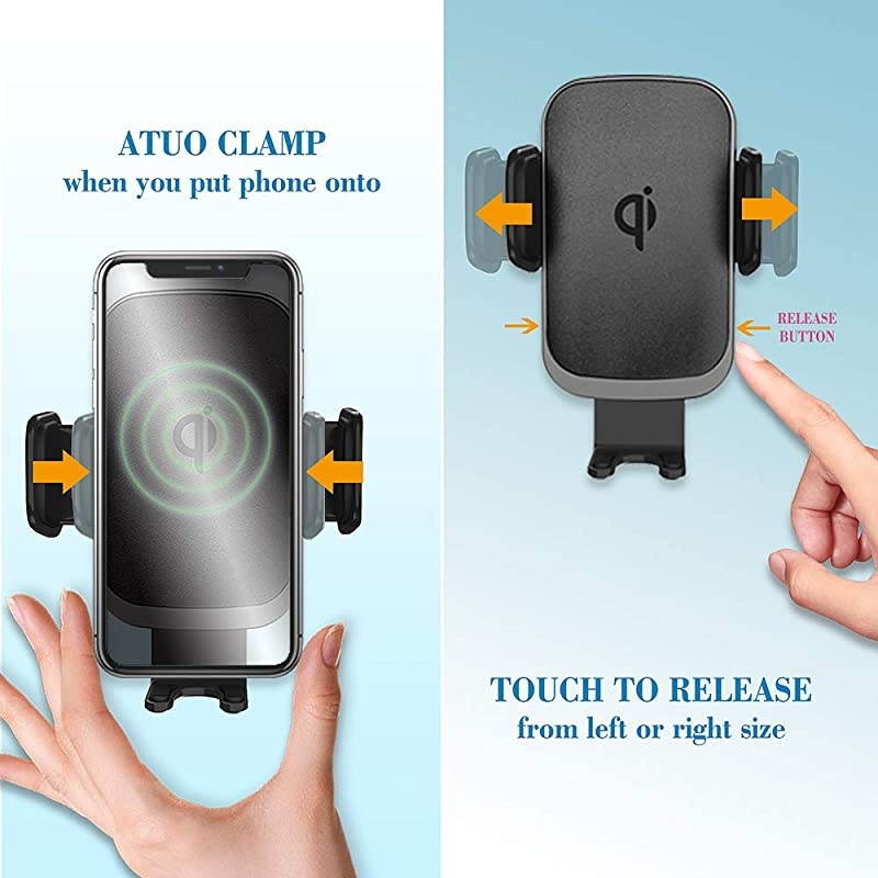 Wireless Charger Car Mount for iPhone 11ProMax iPhone SE XSX Note 10Plus Note 9 S10+S10 Fast Charging Auto Clamp Qi Phone Holder for VentWindshieldDashboard by QC Adaptor Included