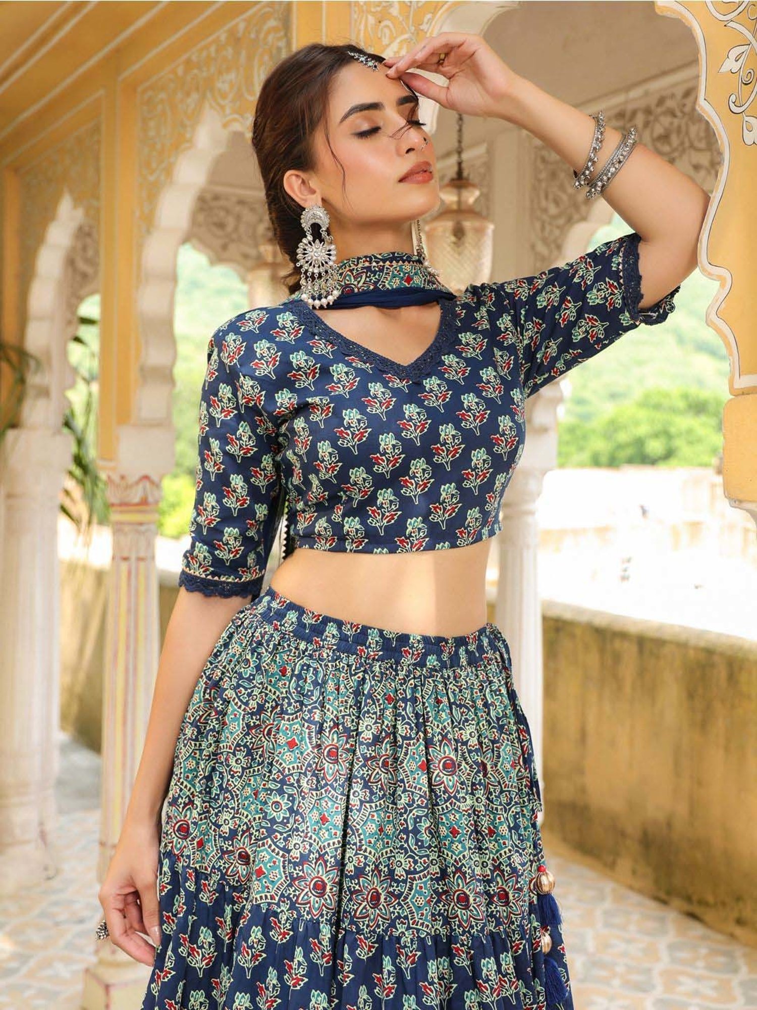 Janasya Blue Cotton Printed Lehenga Choli Set With Dupatta