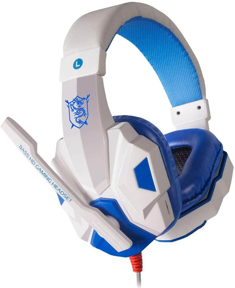 MagiDeal Noise Cancelling Mic Over Ears Gaming Headphones with Mic Stereo for Gamer - White and Blue