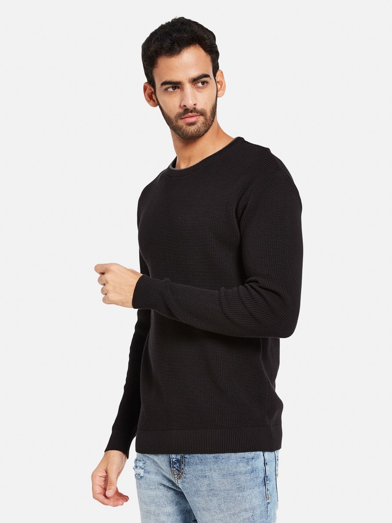 METTLE Black Cotton Regular Fit Sweater