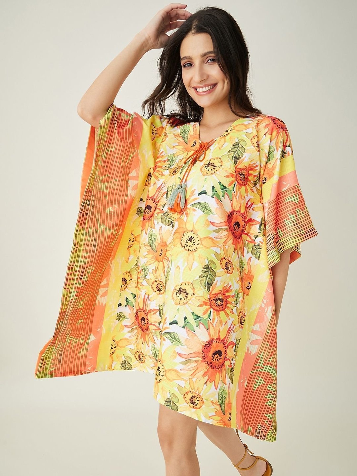 The Kaftan Company Yellow Floral Print Beachwear Kaftan