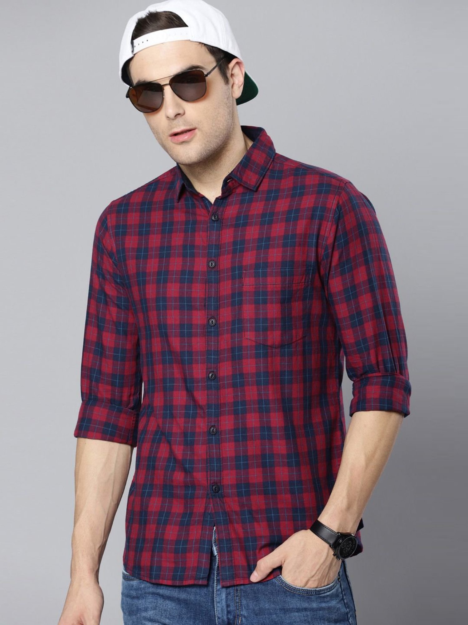 Dennis Lingo Red & Navy Cotton Slim Fit Checks Shirt