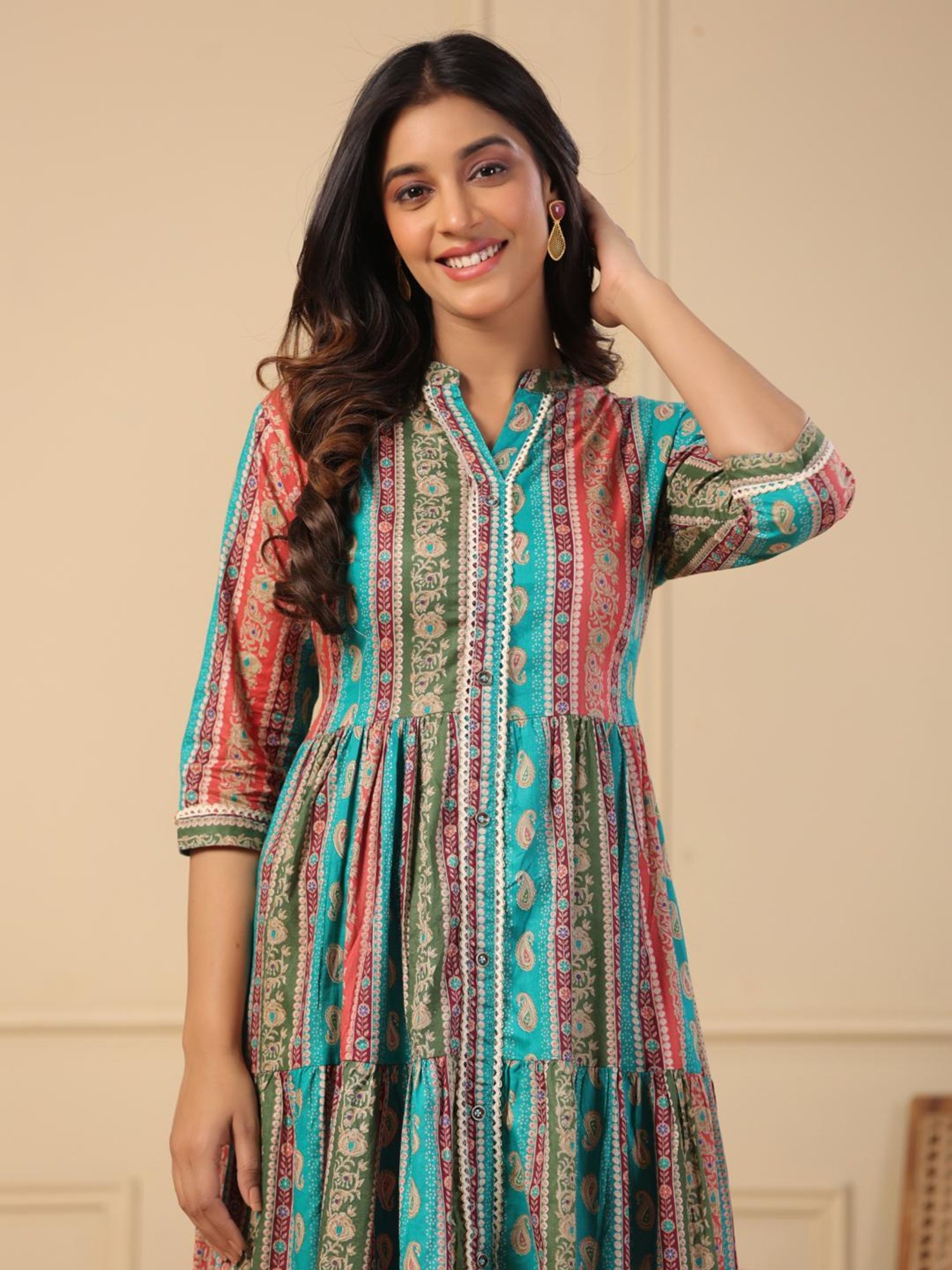 Fashor Blue & Pink Cotton Printed A-Line Dress