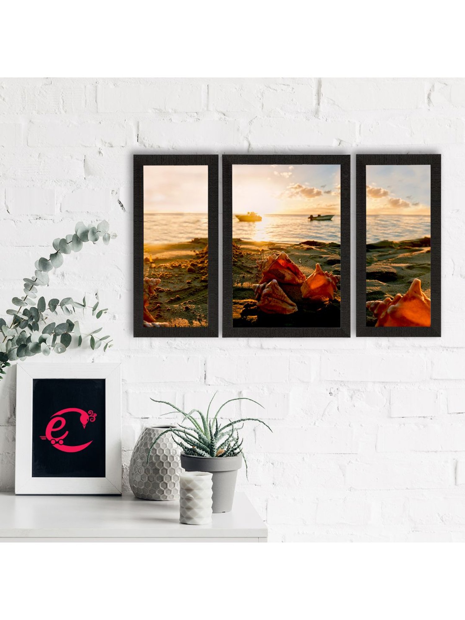 eCraftIndia Set of 3 Beautiful Beach View Satin Matt Texture UV Art Painting