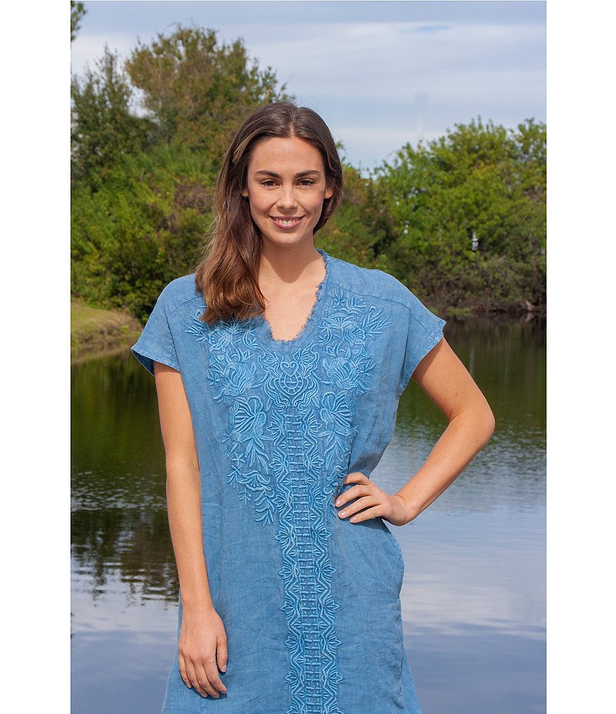 Karyn Seo Emilia Embroidered Linen Raw Hi-Low Hem Tunic Dress