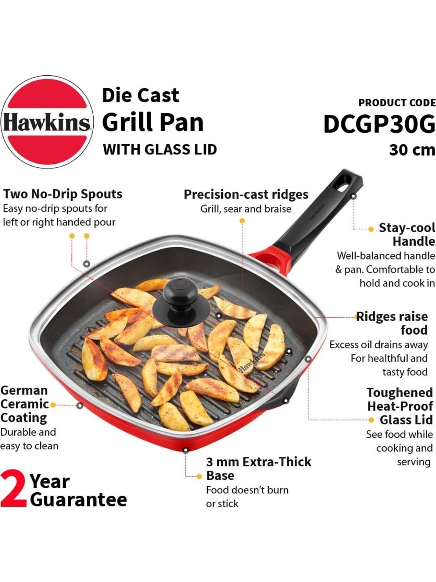 Hawkins Die-Cast Red Aluminium 26.9 cm Non-Stick Grill Pan With Glass Lid (3 L) - Set of 1