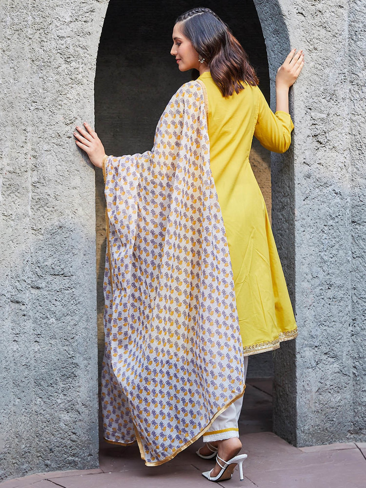 Biba Yellow & White Cotton Kurta With Pant & Dupatta
