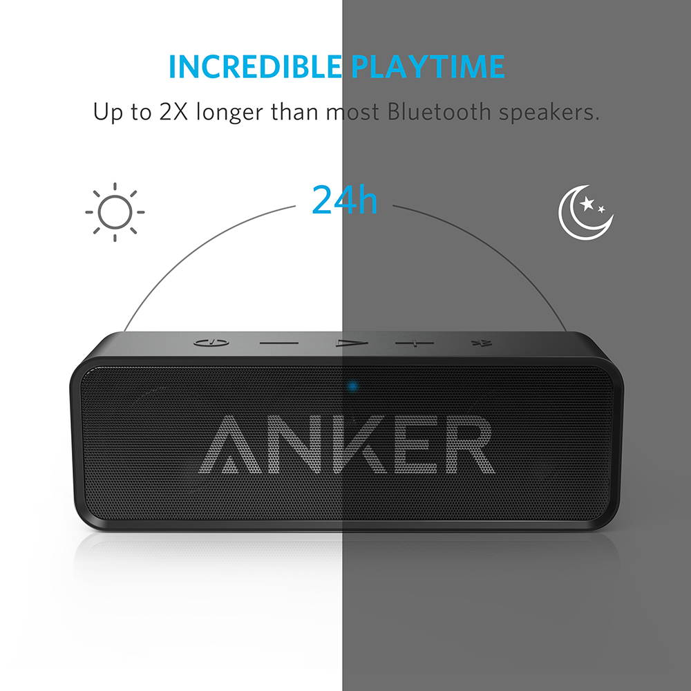 Anker SoundCore Bluetooth Speaker with 24-Hour Playtime, 66-Foot Bluetooth Range & Built-in Mic, Dual-Driver Portable Wireless Speaker with Low Harmonic Distortion and Superior Sound - Black