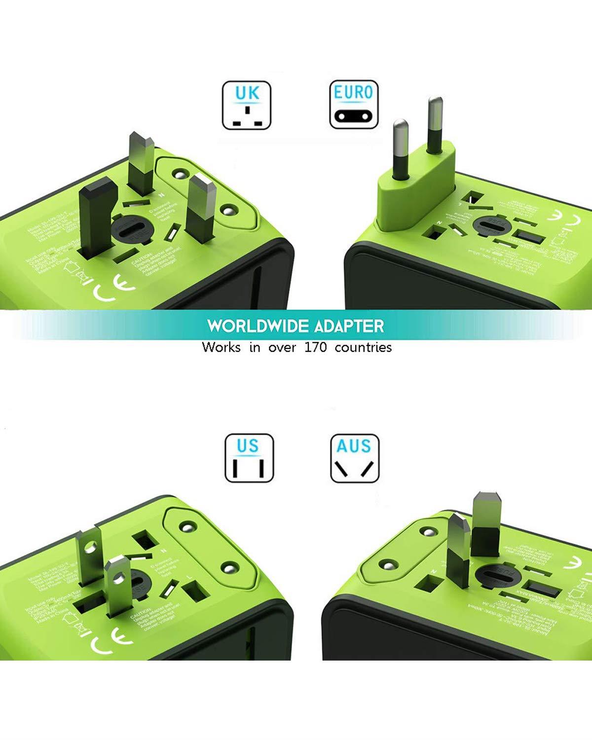 Travel Plug Adapter, Universal Travel Adapter, Travel Power Plug Adapter, International Power Adapter with 3.4A 3 USB & 1 Type-C, for UK, EU, US, AUS, and More 170 Countries (Green)