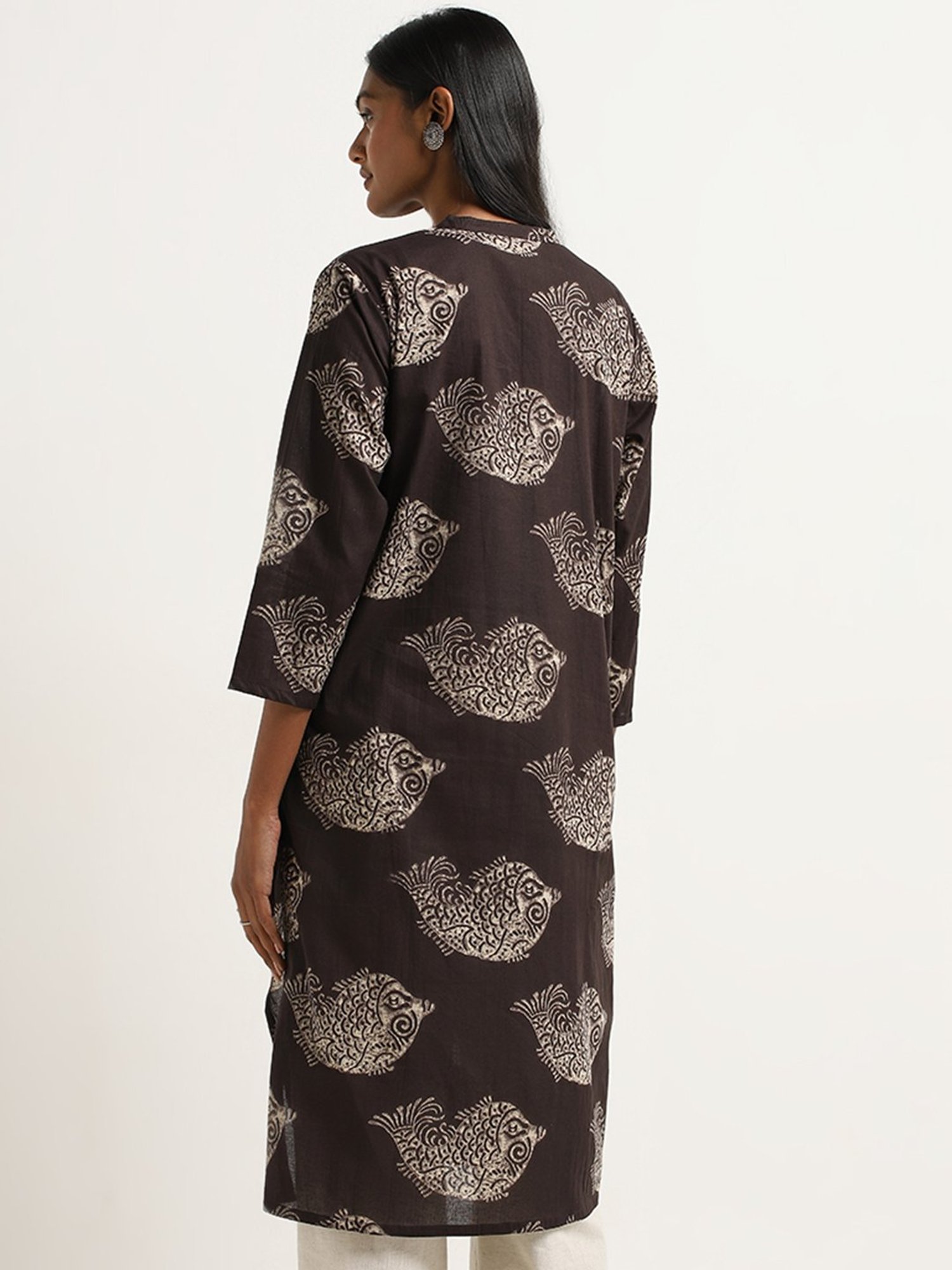 Utsa by Westside Dark Brown Fish Print Straight Cotton Kurta