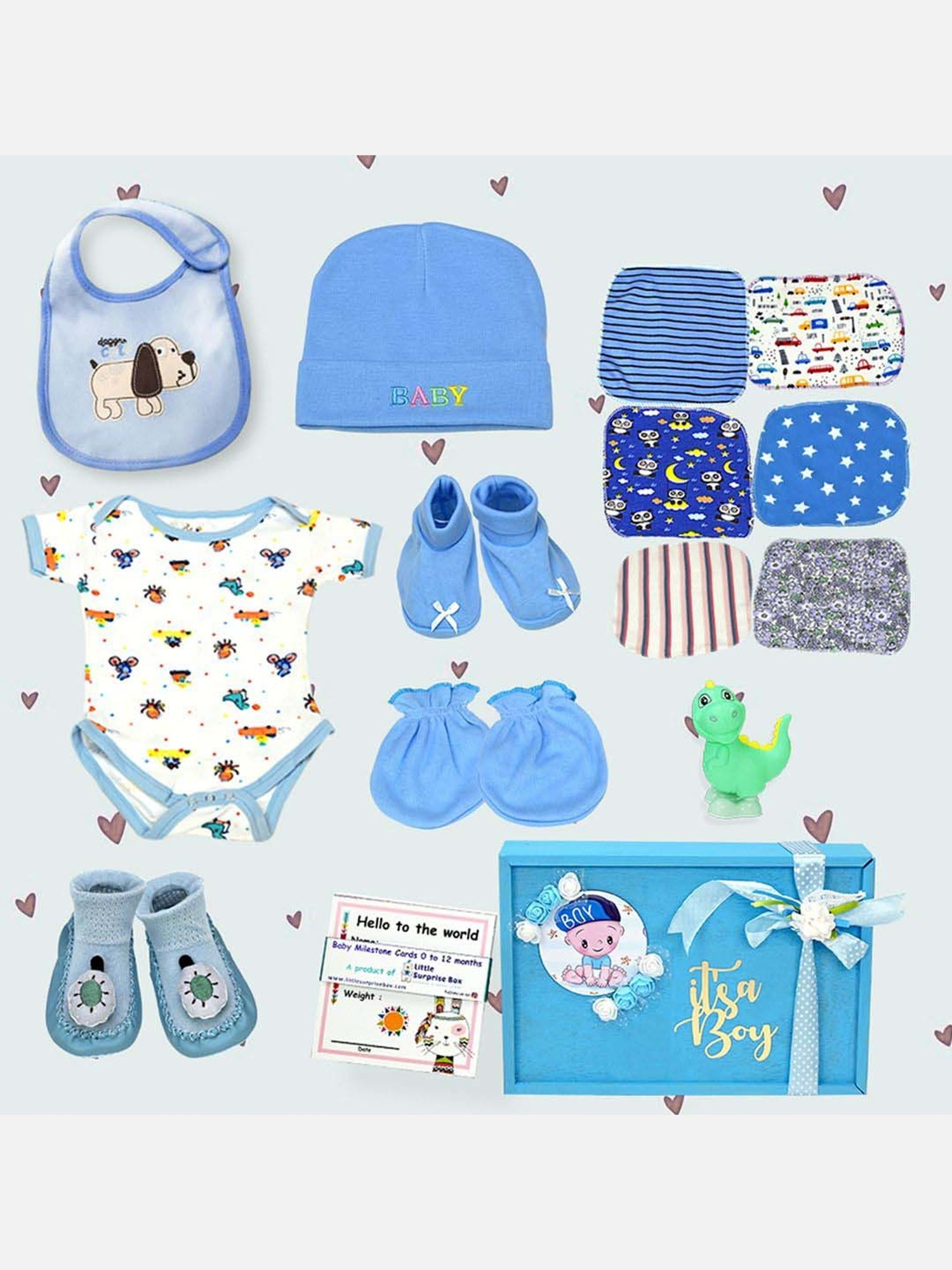 Little Surprise Box Kids Blue & White Cotton Printed Full Sleeves Gift Set