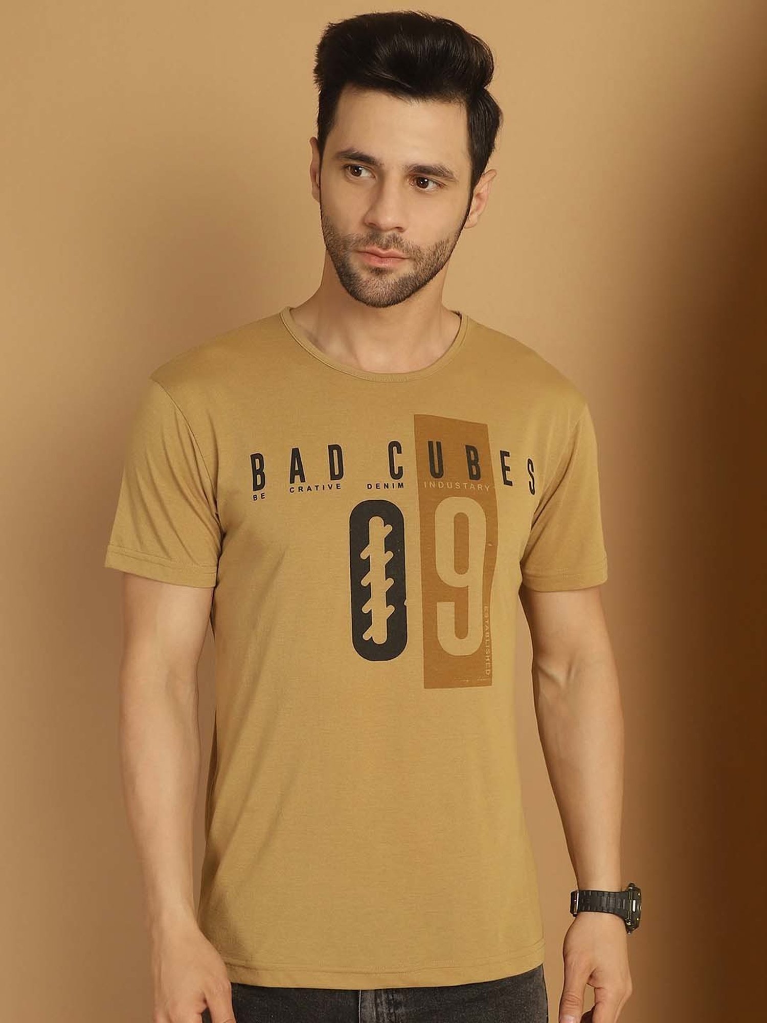 Vimal Jonney Beige Regular Fit Printed Crew T-Shirt