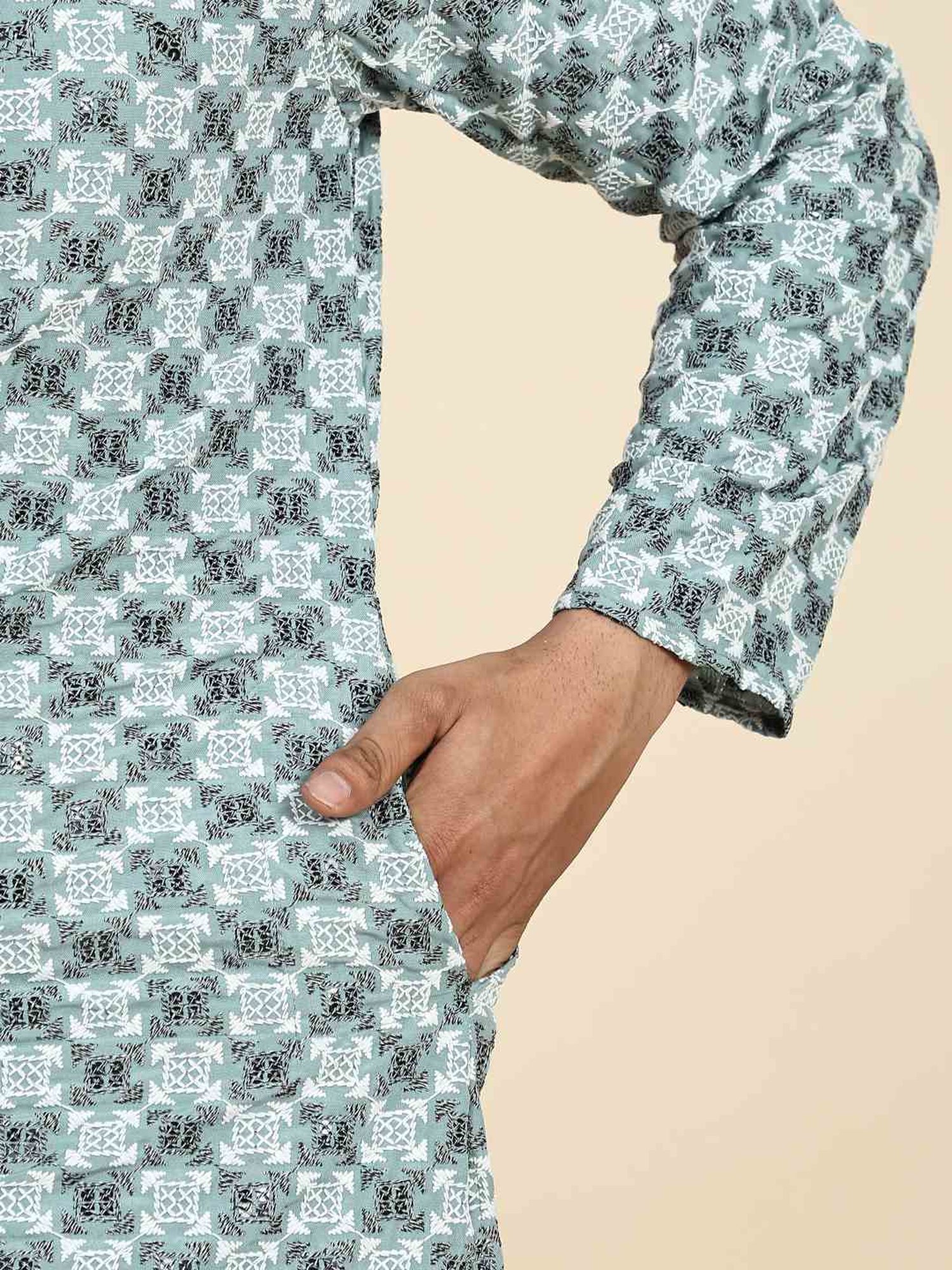 Pro-Ethic Style Developer Firozi & White Cotton Regular Fit Embellished Kurta Bottom Set