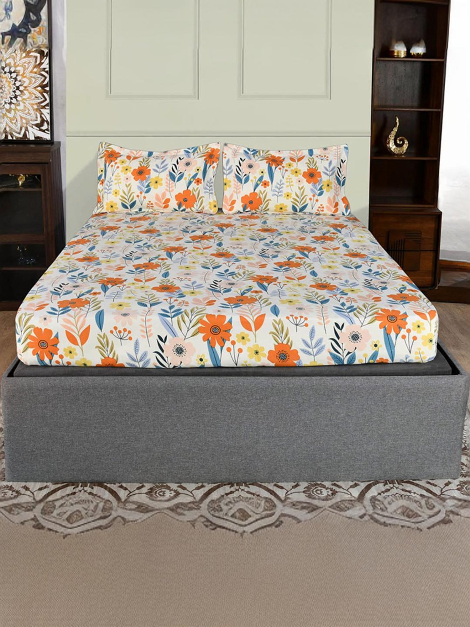 @Home Aurora Beige 130 GSM Polyester Double Bedsheet with 2 Pillow Covers