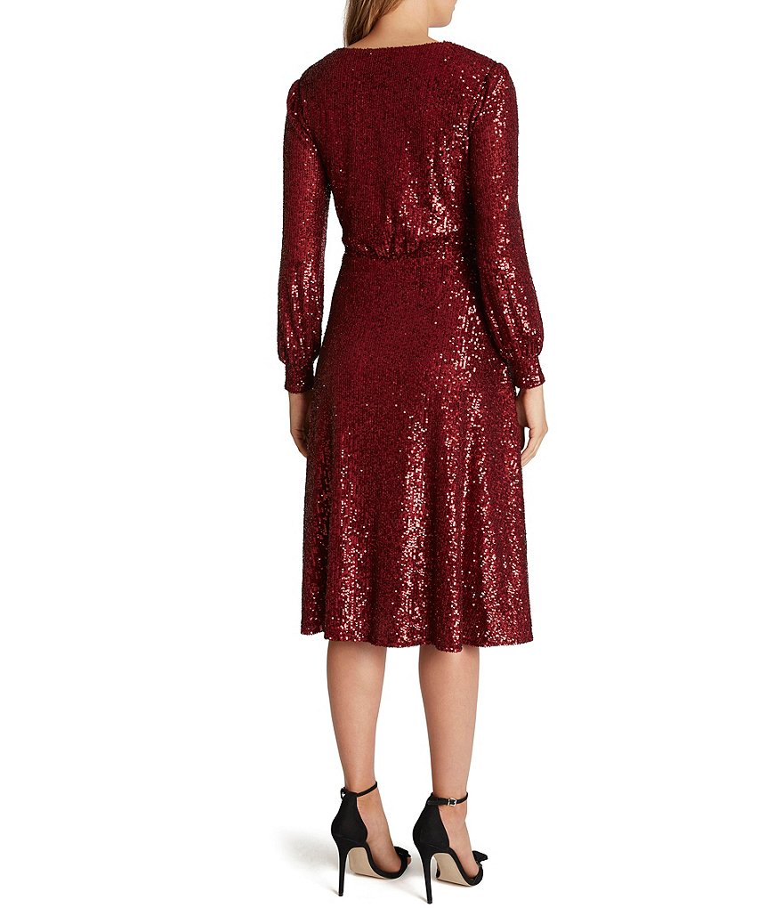 Tahari ASL Stretch Allover Sequin Faux Wrap Midi Dress