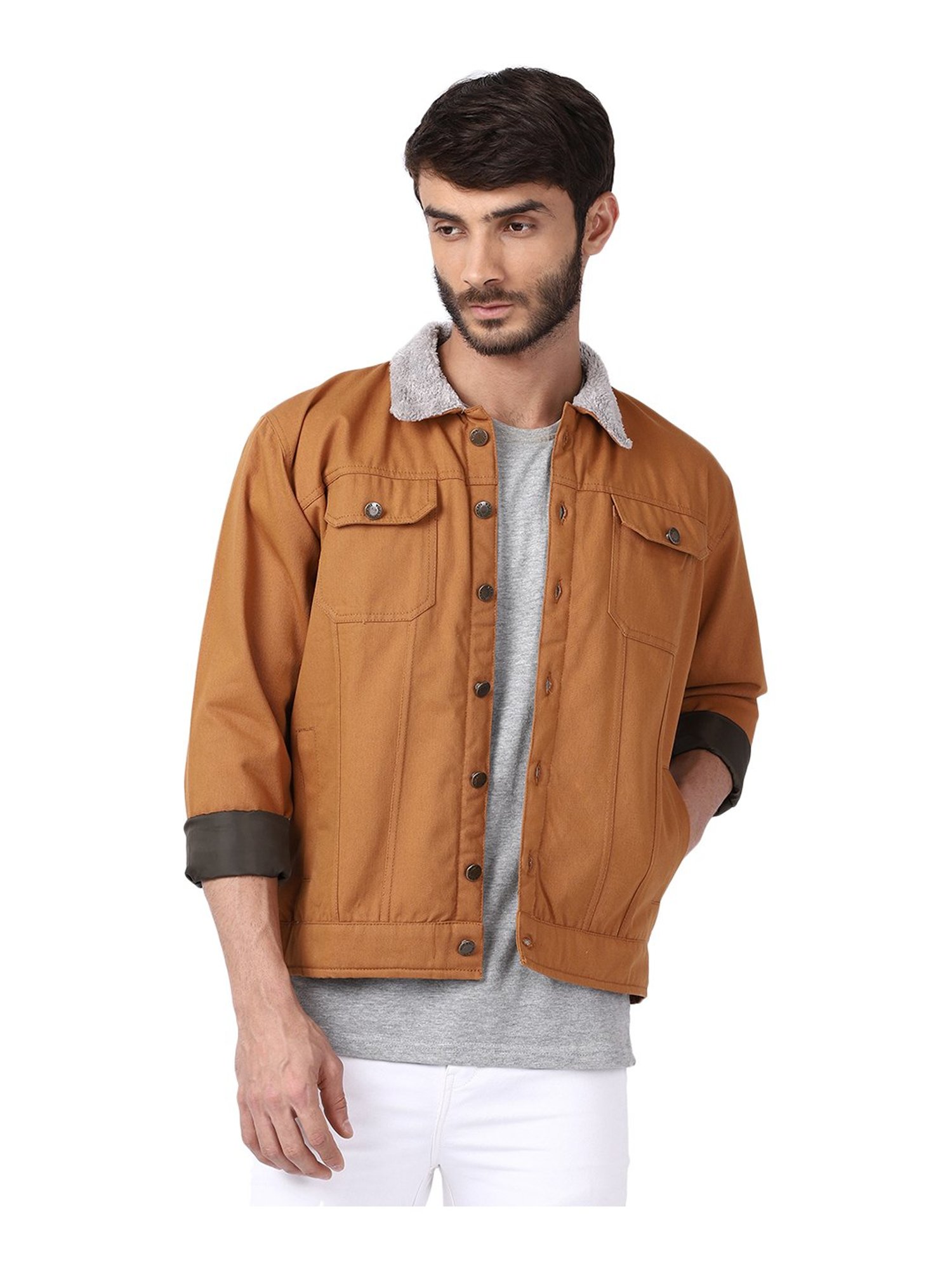 VOXATI Khaki Full Sleeves Shirt Collar Denim Jacket