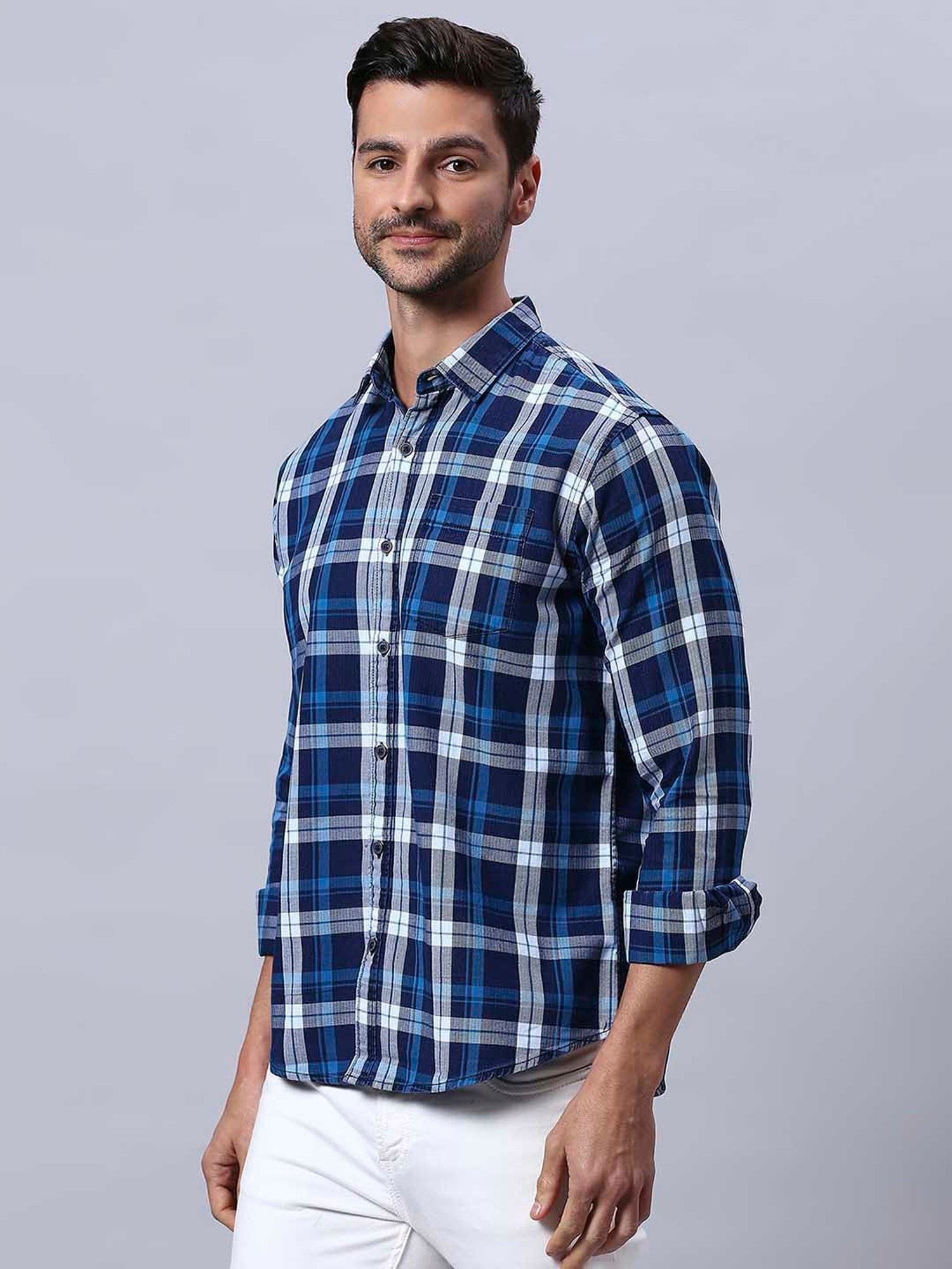 HJ HASASI Blue Slim Fit Check Cotton Shirt