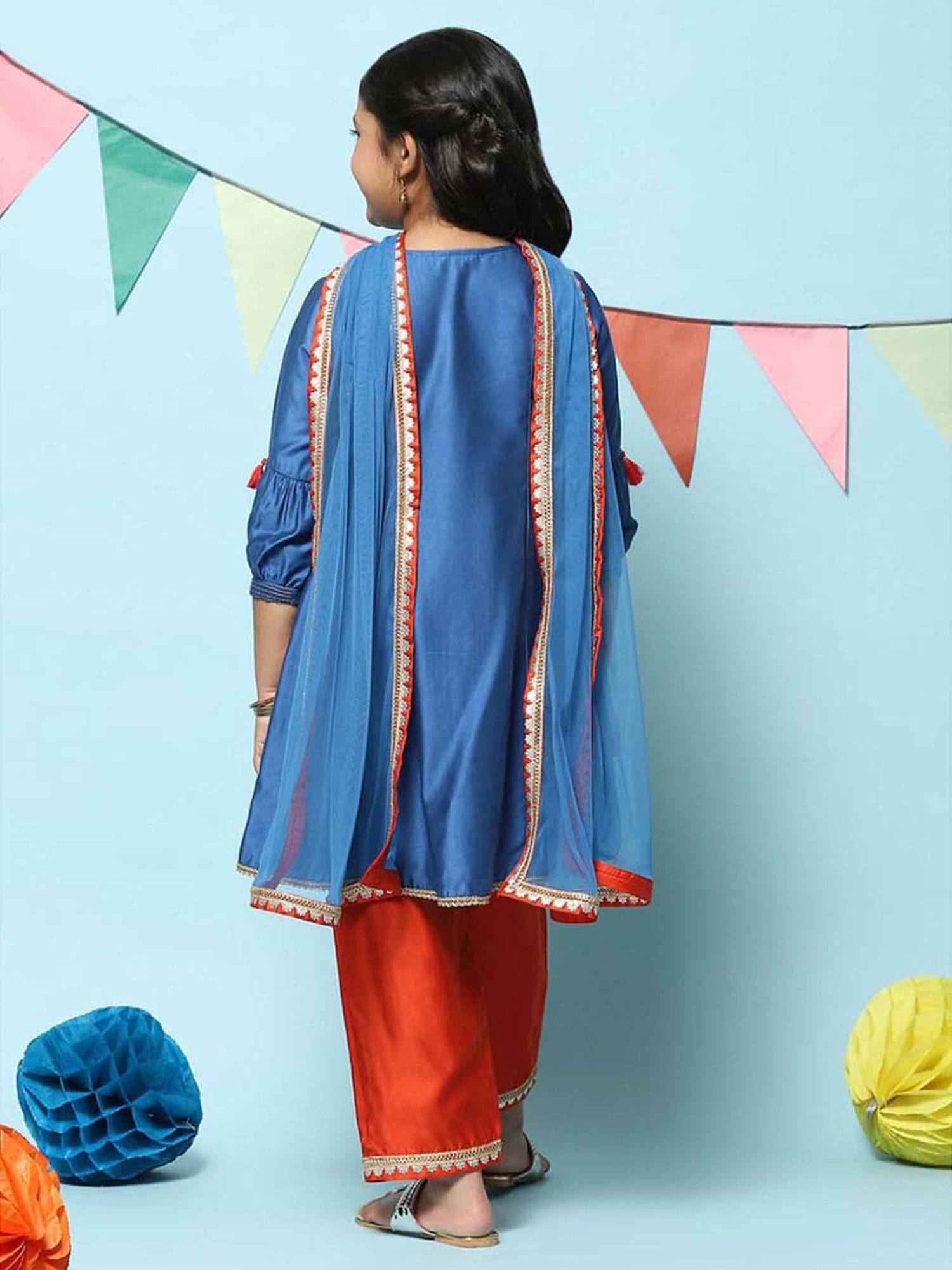 BIBA Girls Kids Blue & Orange Embroidered Kurta Set