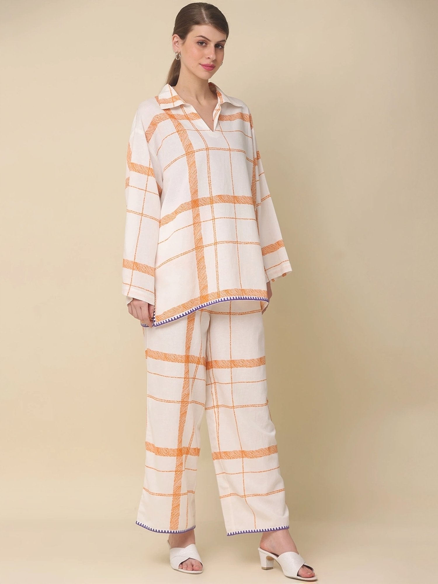 Zolo Label White Cotton Chequered Top Palazzo Set