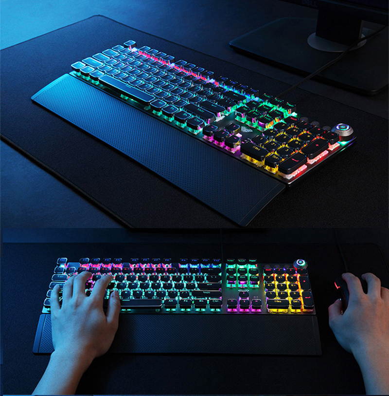 AULA F2088 True Mechanical Gaming Keyboard Multimedia Alloy Lighting Knob 104 Keys Anti-Ghost Marco Programming, Dual-Core IC Chip Metal Panel Wired LED Backlit Keyboard for PC Game