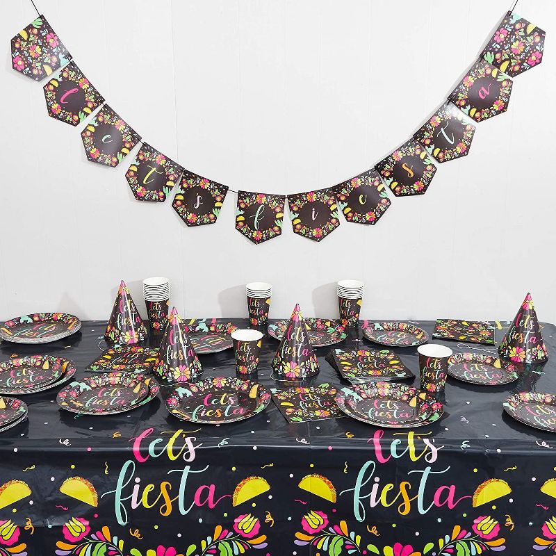 Sparkle and Bash 3 Pack Let's Fiesta Disposable Plastic Tablecloth for Cinco de Mayo Black, 54 x 108 In