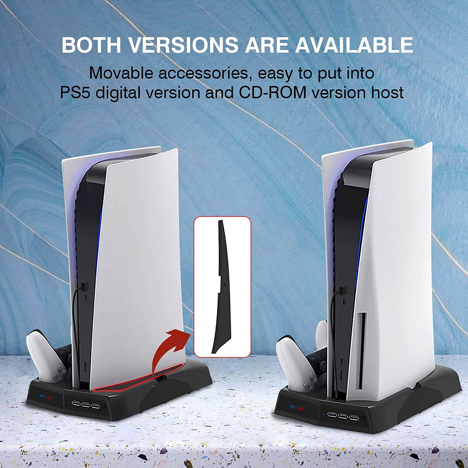 Rome Care Charging Stand for PS5 with Cooling Fan, Multi-Function Charger Station with 2 Controller Charging Docks, LED Indicators, 3 USB Ports and Retractable Game Storage Bracket