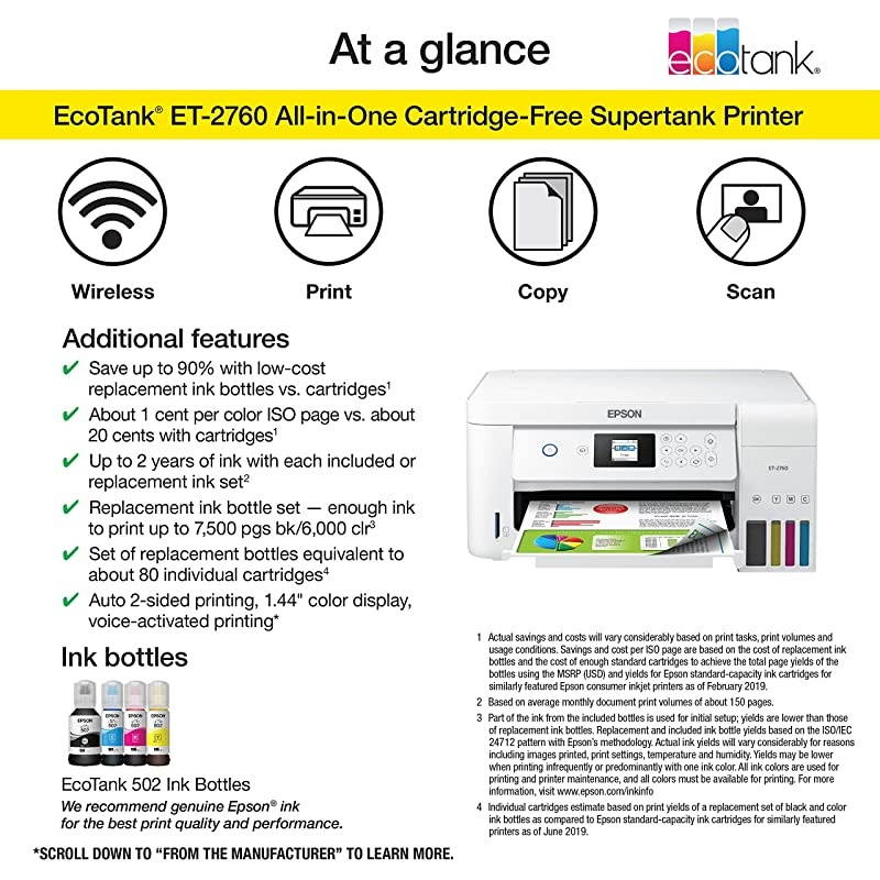 EcoTank ET-2760 Wireless Color All-in-One Cartridge-Free Supertank Printer with Scanner and Copier