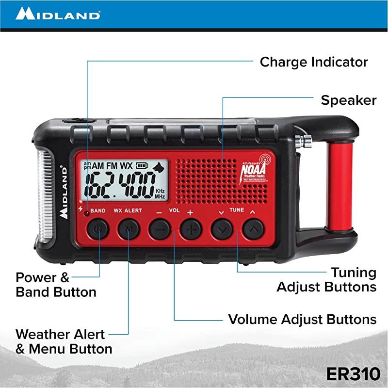 ER310 Emergency Crank Weather AMFM Radio Multiple Power Sources SOS Emergency Flashlight Ultrasonic Dog Whistle NOAA Weather Scan + Alert RedBlack